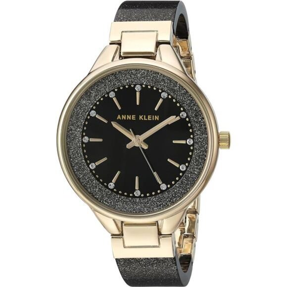 Women's Premium Crystal Accented Resin Bangle Watch Black Gold